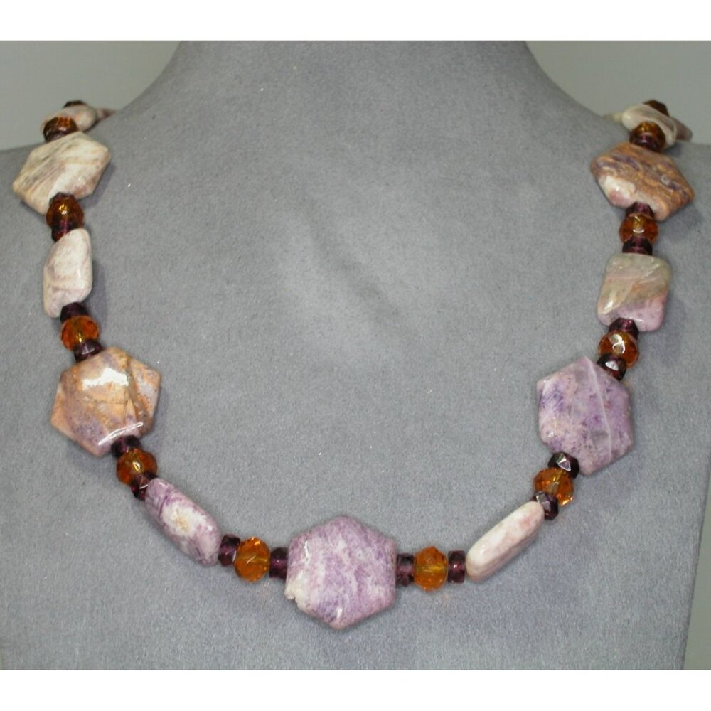 Gemstone Necklace Purple & Amber W/ Glass Beads 28 Inch